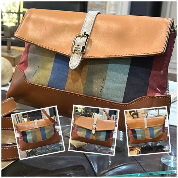 Fendi Handbags - Fendi Multicolor Striped Canvas and Tan Leather Shoulder Bag